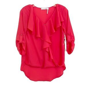 HAVE Top Ruffled Surplice Tab Sleeve High Low Hem Coral Small